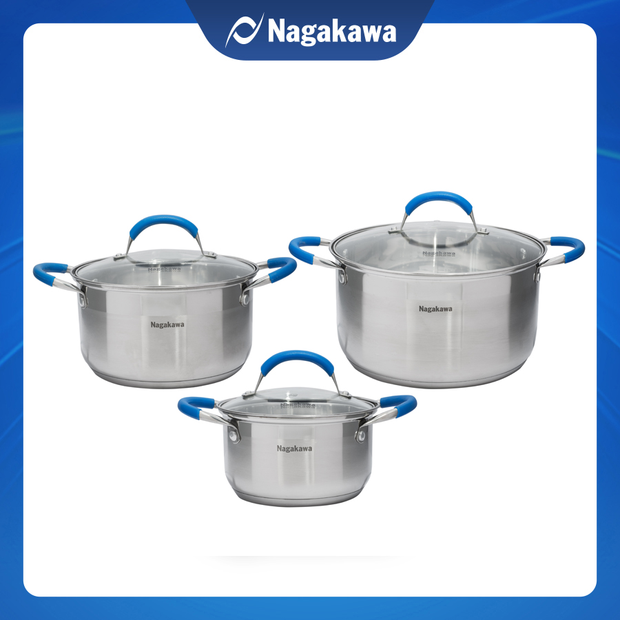 Bộ 3 Nồi Inox Cao Cấp 5 Đáy Quai Silicon Chống Bỏng Nagakawa NAG1302  Dùng Cho Mọi Loại Bếp - Hàng Chính Hãng