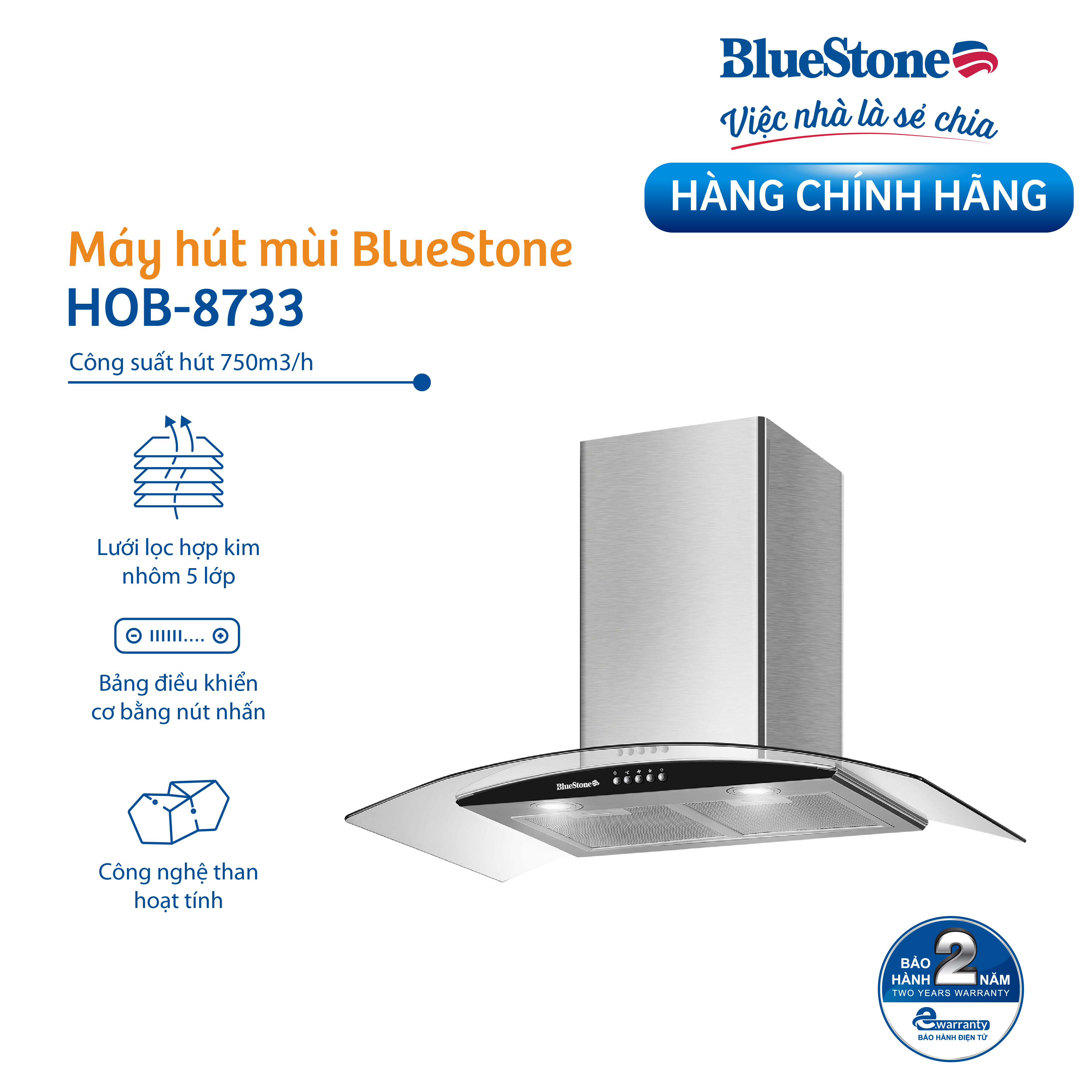 Máy Hút Mùi Kính Cong BlueStone HOB-8733 230W - Hàng chính hãng