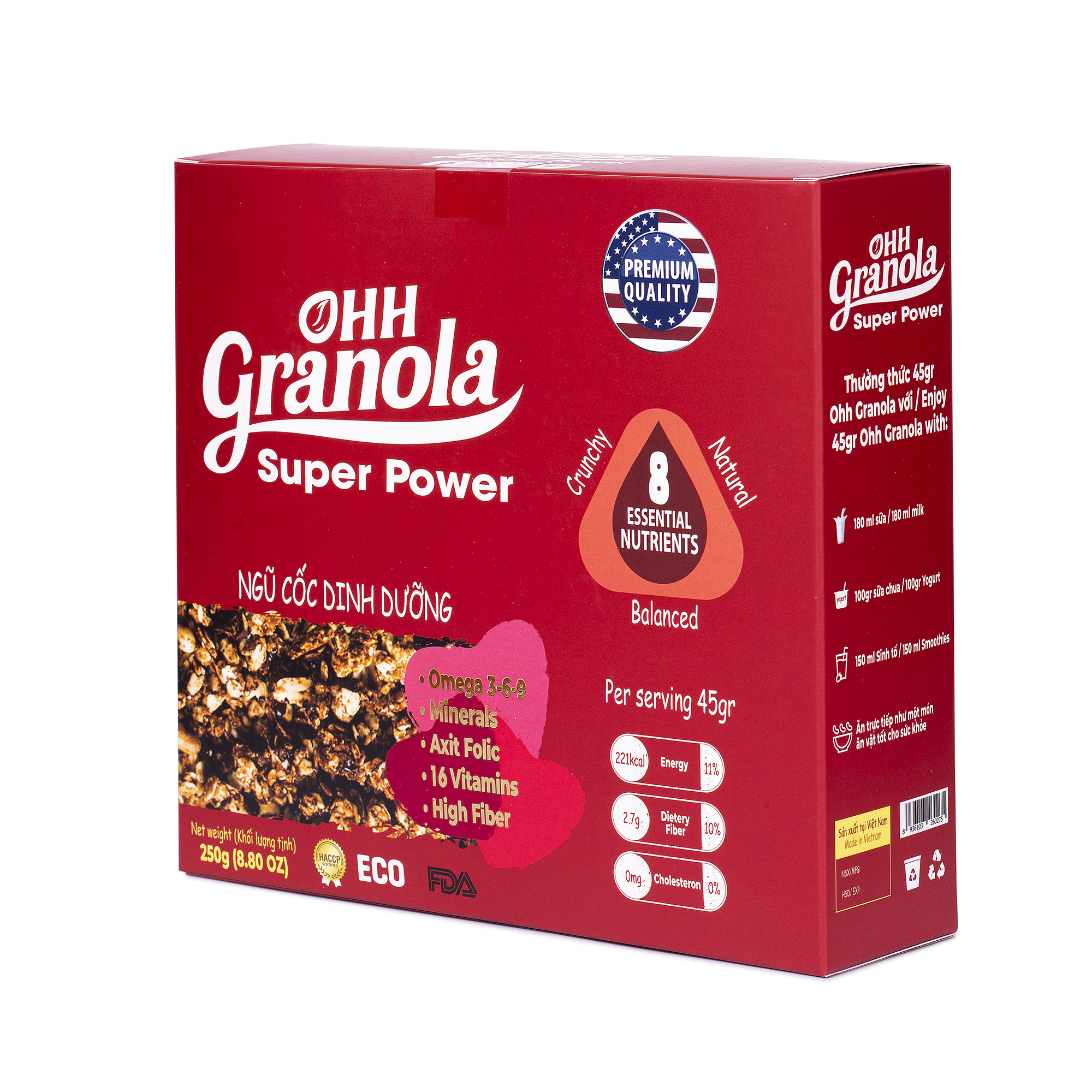 Giảm Cân Ngũ Cốc Tăng Cơ Giàu Năng Lượng  Chocolate Đen - Super Power (Ohh - Granola) Tiêu Chuẩn FDA Hoa Kỳ, Hộp 250g