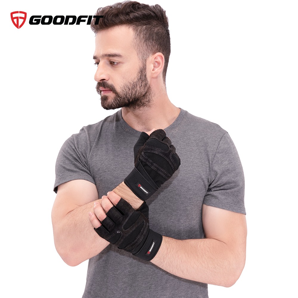 Găng tay tập gym nữ/nam hở ngón, bao tay tập Gym nữ/nam có quấn trợ lực cổ tay, đệm Silicone chống trượt GoodFit GF201G