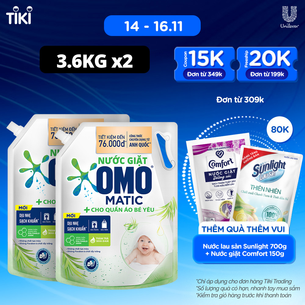 Combo 2 TúI Nước Giặt Omo Matic Cho Quần Áo Bé Yêu Chiết Xuất Tràm Trà Và Nha Đam Dịu Nhẹ, Sạsh Khuẩn , túi 3.6Kg