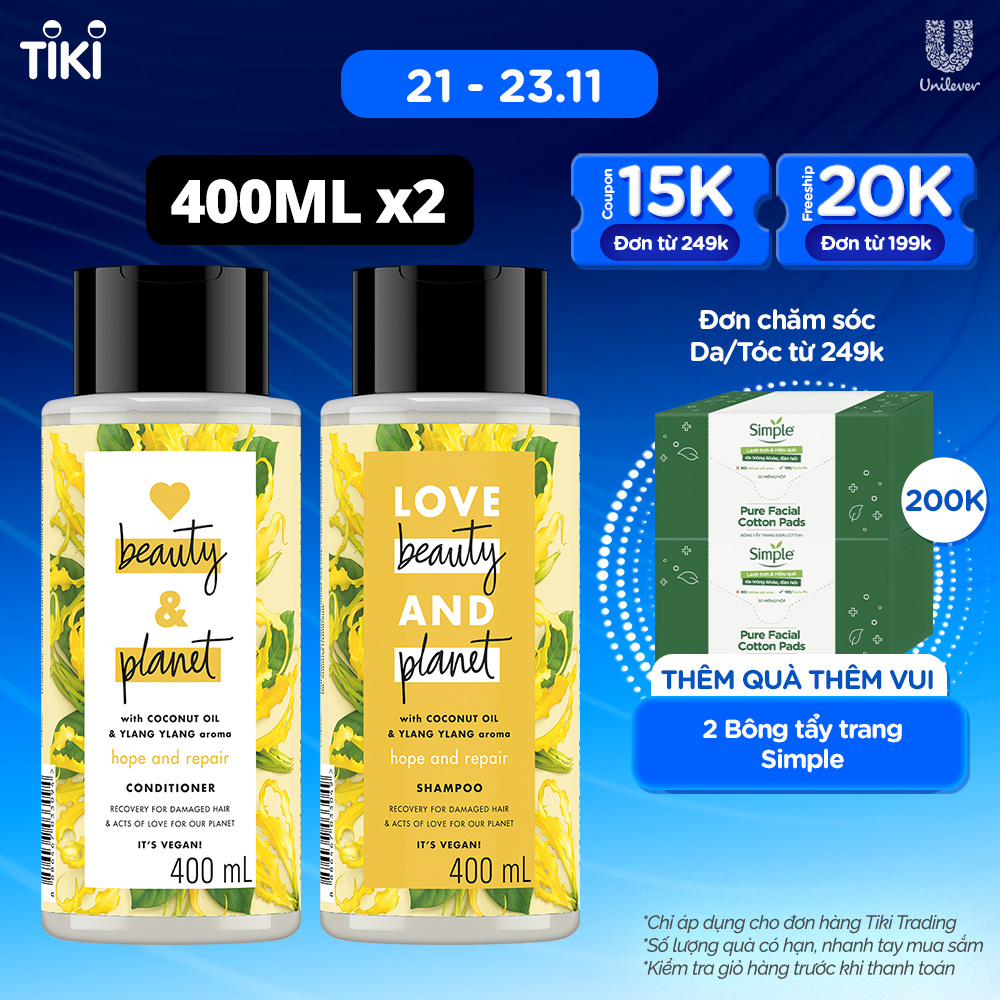 Combo Dầu Gội Dầu Xả Love Beauty &amp; Planet Phục Hồi Chẻ Ngọn Hope &amp; Repair 100% Dầu Dừa Organic Hương Ngọc Lan Tây 400ML