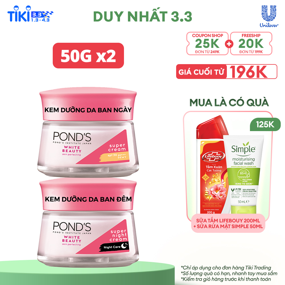 (Mẫu mới) Bộ Đôi Kem Dưỡng Da Ngày Và Đêm Trắng Hồng Rạng Rỡ Pond's White Beauty (45g)