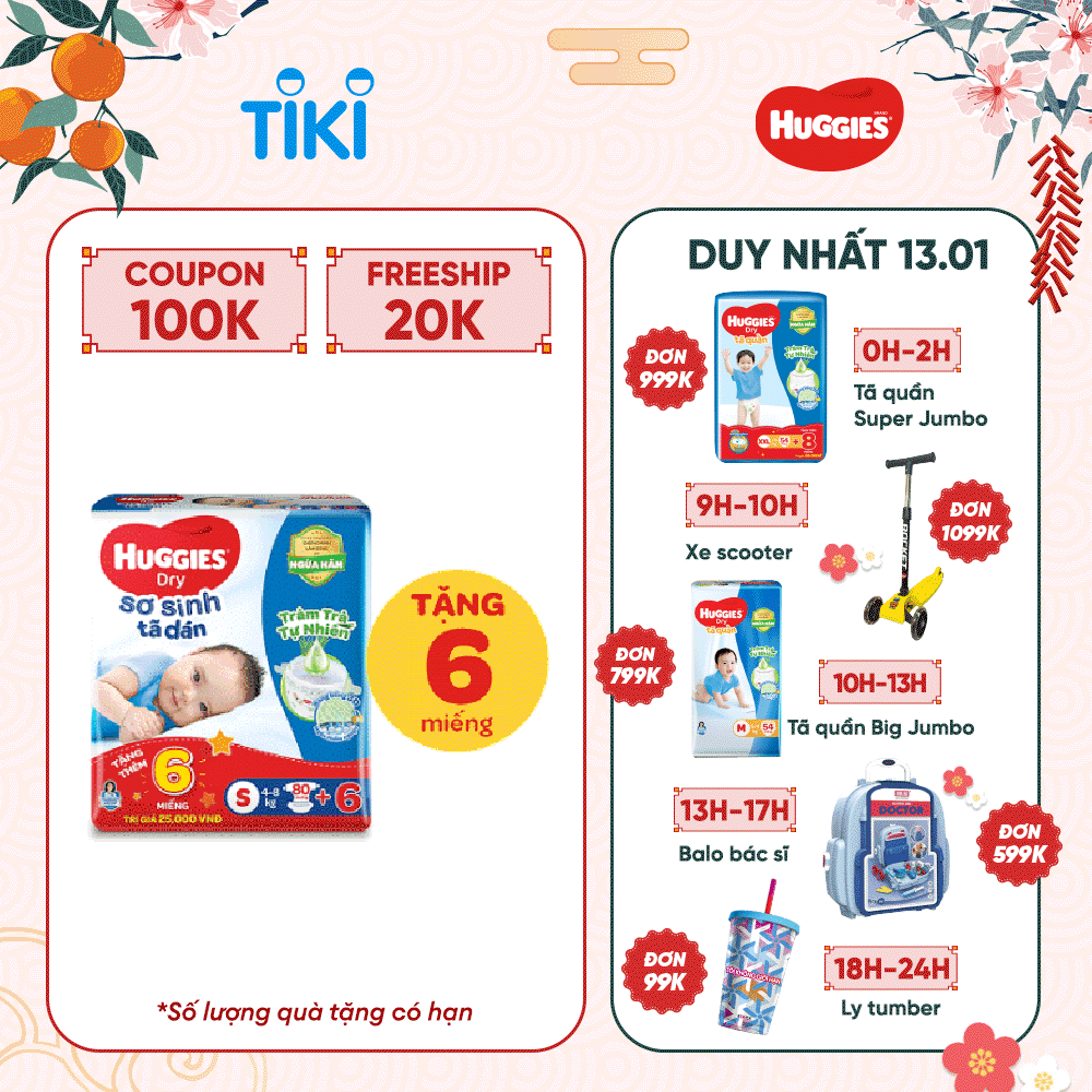 Tã dán sơ sinh Huggies mới (4kg-8kg) - Gói 80 miếng Tràm Trà + Tặng 6 miếng