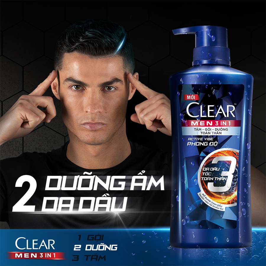 Dầu Tắm - Gội - Dưỡng Phong Độ 3 trong 1 cho nam 630g Clear Men Active Vibe Phong Độ bổ sung hương nước hoa từ châu Âu