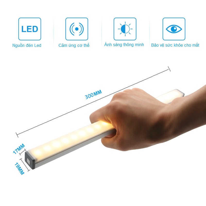 Đèn cảm ứng gắn cầu thang, tủ đồ, toilet, tự động bật/tắt ánh sáng, sạc bằng USB tiện dụng - 10.6cm - Ánh sáng trắng