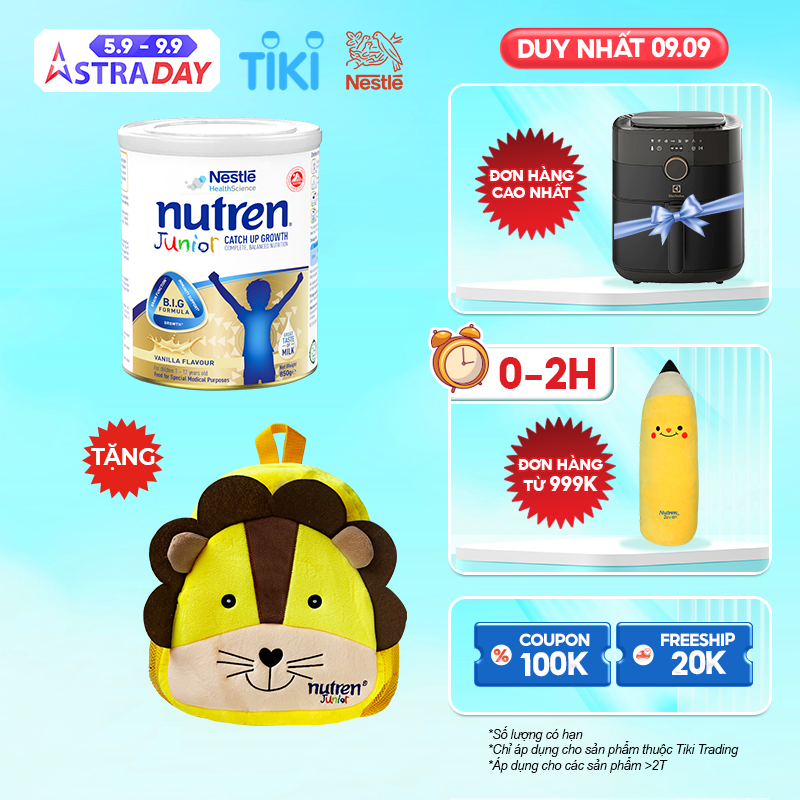 Sản phẩm dinh dưỡng y học Nutren Junior cho trẻ từ 1-12 tuổi 850g tăng trưởng 3 chuẩn: Thế chất, Đề kháng, Tư duy - Tặng balo con hổ