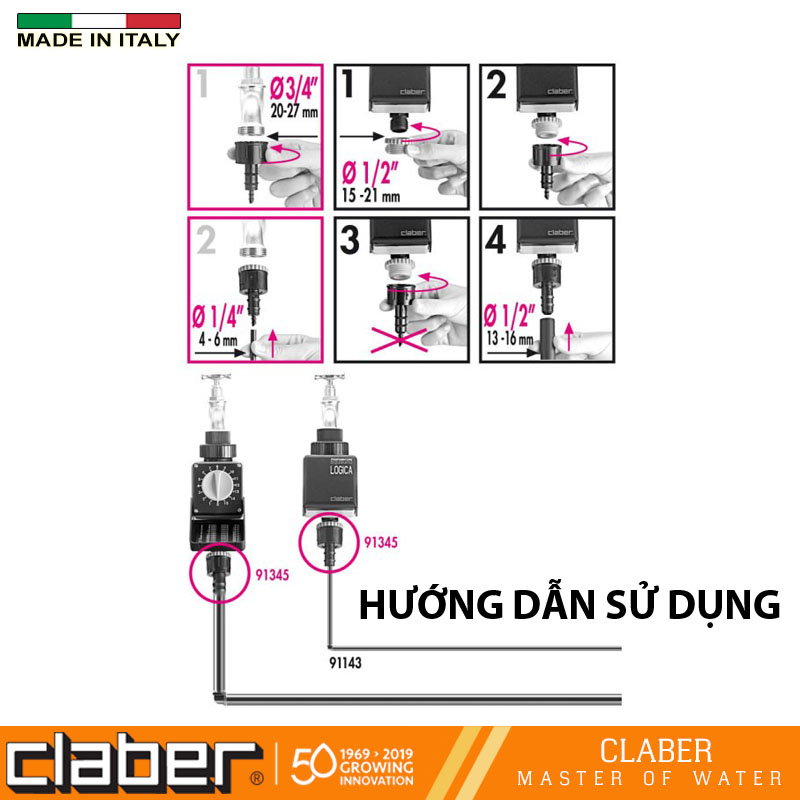 Đầu Nối Vòi Nước Ra Ống Tưới Nhỏ Giọt Claber 91345, kết nối với vòi nước ren 21mm hoặc 27mm đầu ra ống 16mm hoặc 6mm