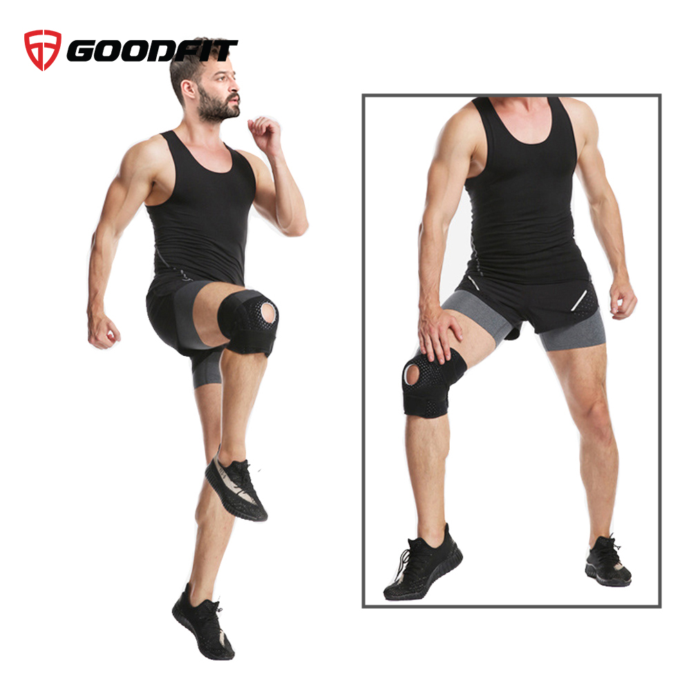 Bó gối thể thao, băng đầu gối tập gym GoodFit đệm silicone, thanh lò xo trợ lực GF512K