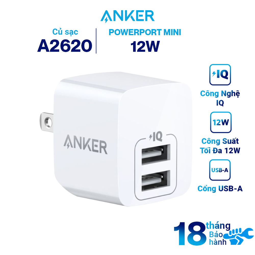 Adapter Sạc 2 Cổng Anker PowerPort Mini 12W - A2620 - Hàng Chính Hãng