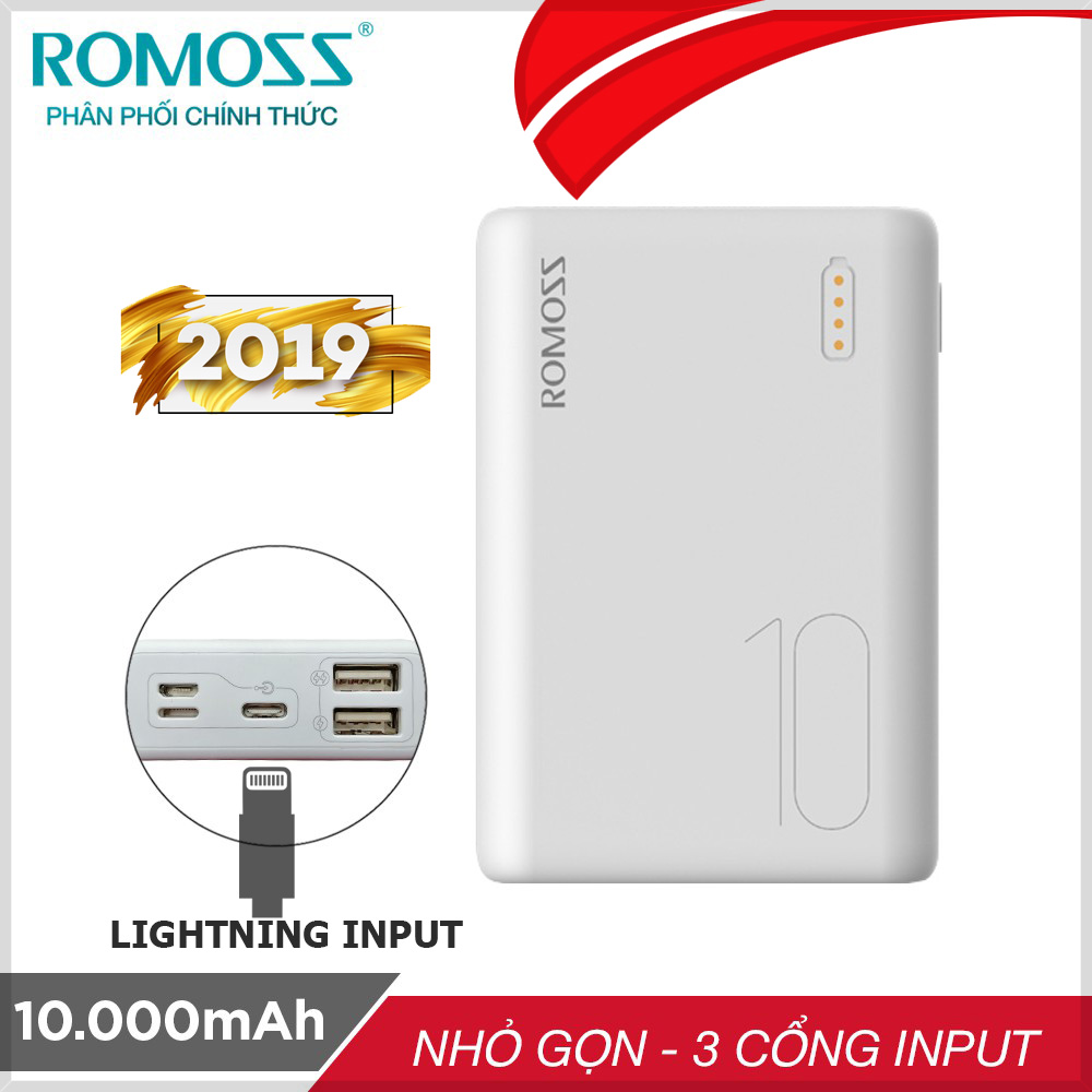 Pin sạc dự phòng Romoss Simple 10 10.000mAh nhỏ gọn 3 cổng input Micro - Lightning - Type C – Hàng chính hãng