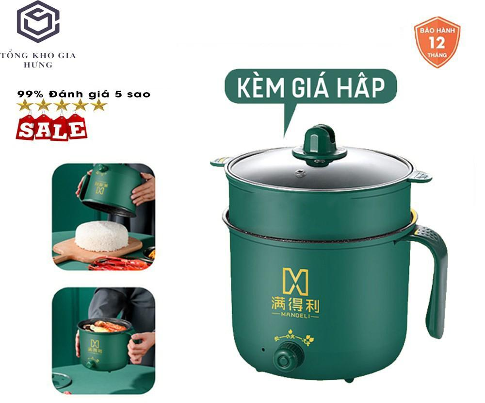 Nồi Lẩu Mini, Ca Nấu Mì Nấu Cơm Đa Năng Có Tay Cầm 1,8L - Nồi Lẩu Điện 2 Nấc Nhiệt Kèm Giá Hấp Siêu Hot (Xửng hấp= nhựa)