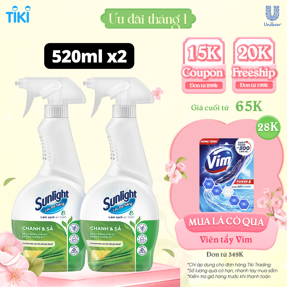 Combo 2 Nước lau đa năng Sunlight Chanh &amp; Sả | Phiên bản nâng cấp từ Cif | Sạch bóng kin kít, không nhờn rít | Chai 500ml