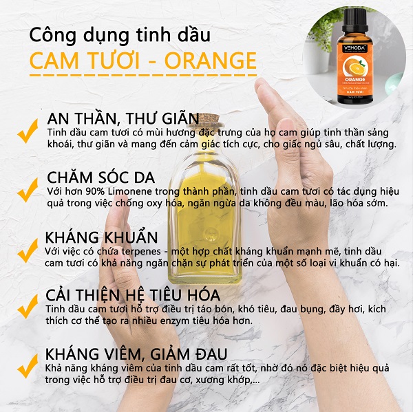 Tinh dầu Cam tươi cao cấp. Orange Essential Oil 30ML. Tinh dầu xông phòng giúp khử mùi, kháng khuẩn, thanh lọc không khí, xua đuổi côn trùng, chăm sóc da. Tinh dầu thơm phòng cao cấp Vemoda