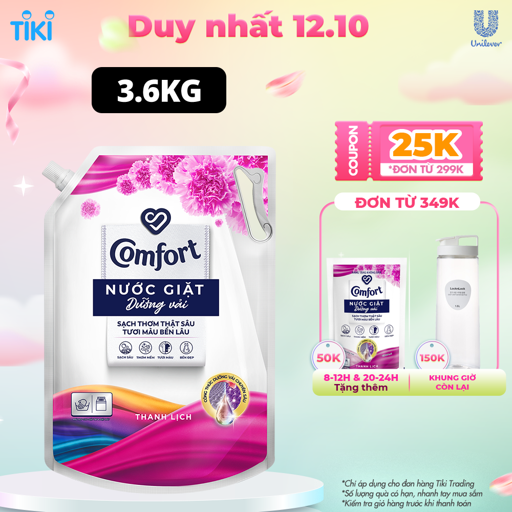 Nước giặt dưỡng vải Comfort Nước giặt xả đa chức năng hương Thanh Lịch giúp quần áo sạch thơm &amp; tươi màu Túi 3.8kg