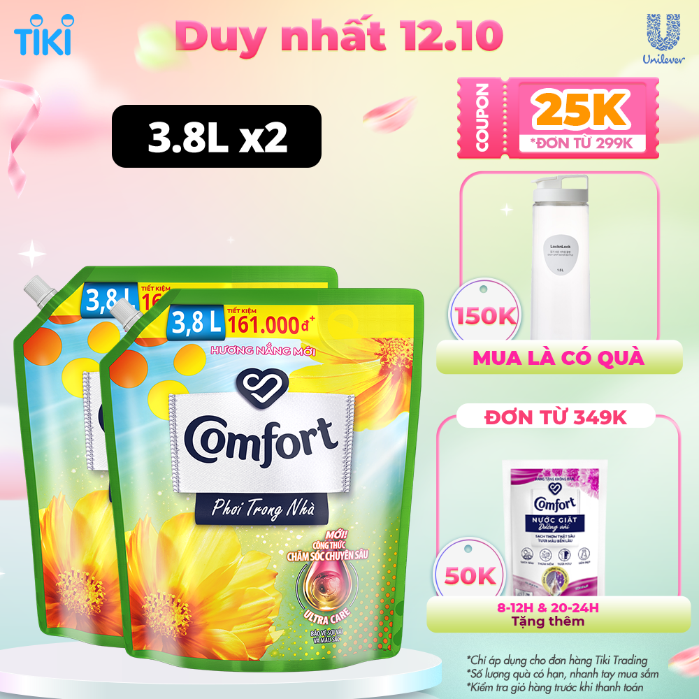 Combo 2 túi Nước xả làm mềm vải Comfort chăm sóc chuyên sâu phơi trong nhà Hương nắng mới