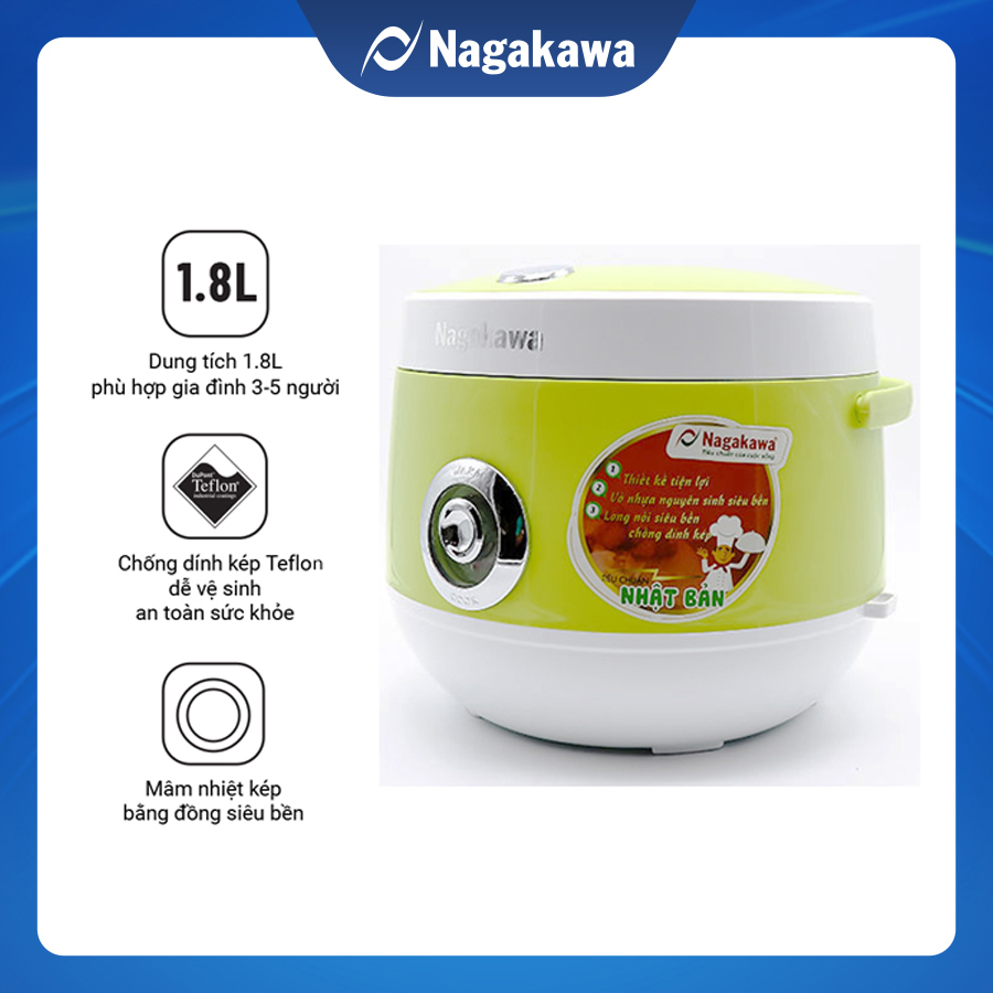 Nồi Cơm Điện Nagakawa NAG0101 Trắng Vàng (1.8 Lít) - Hàng Chính Hãng