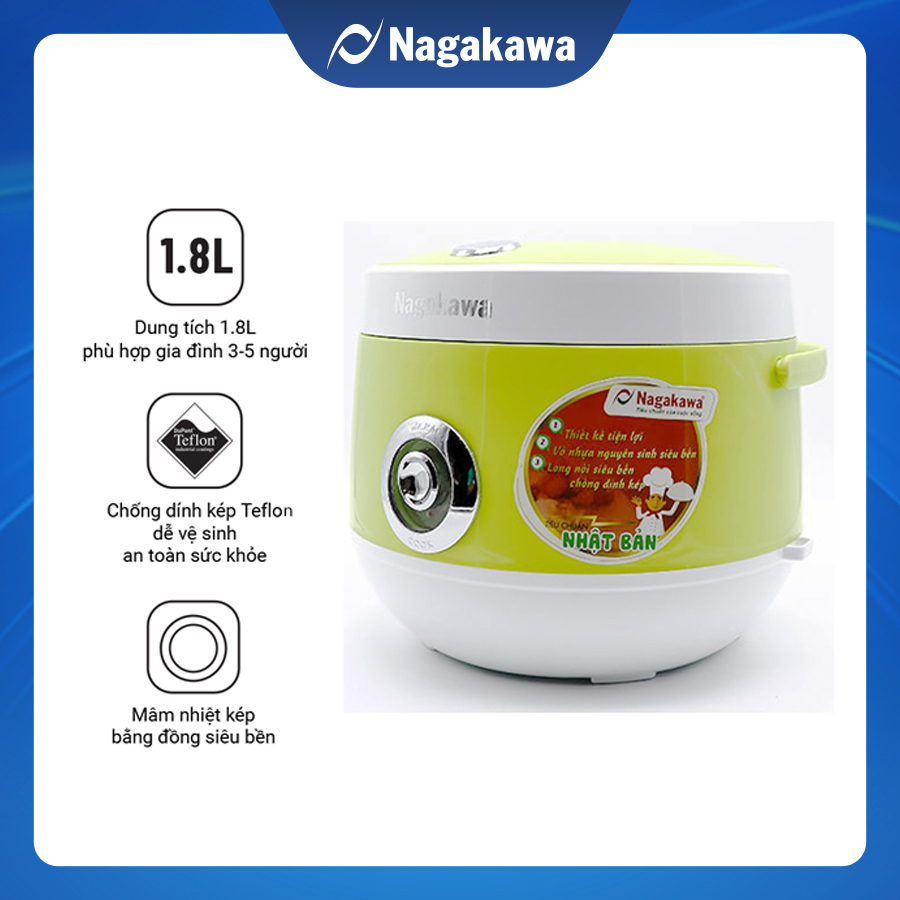 Nồi Cơm Điện Nagakawa NAG0101 - Trắng Vàng (1.8 Lít) - Hàng Chính Hãng