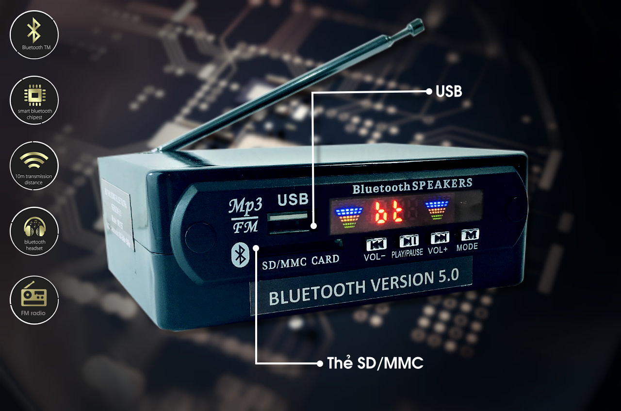 Bộ Thu Tín Hiệu Bluetooth 5.0 (v5.0) AMITECH Chip Giải Mã Âm Thanh Chất Lượng Cao, Nghe đài FM, Nghe Nhạc Từ Thẻ Nhớ/USB, 4 Cổng RCA - Hàng Chính Hãng