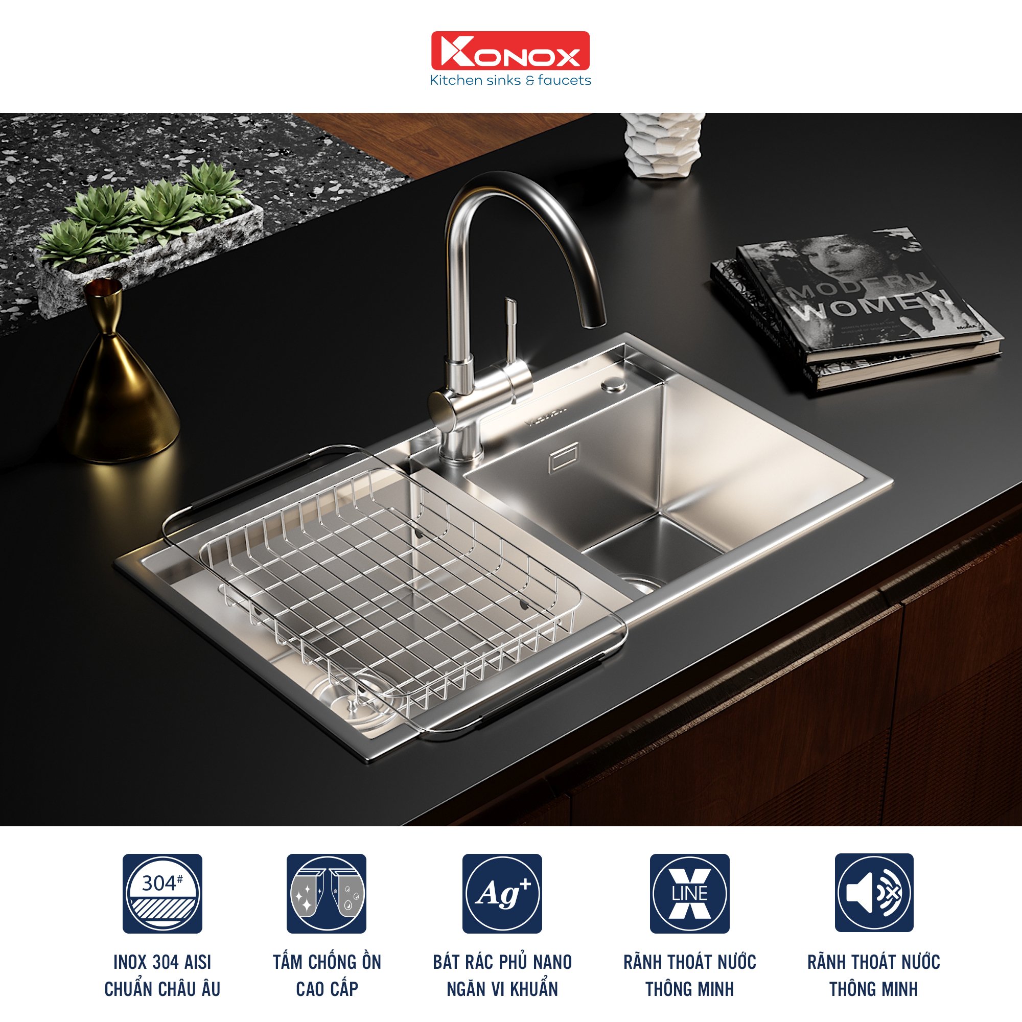 Chậu rửa bát Konox, Overmount Series, Model KN8248DO, Inox 304AISI tiêu chuẩn châu Âu, 820x480x228(mm), Full set gồm Siphon + giá úp bát inox, Hàng chính hãng