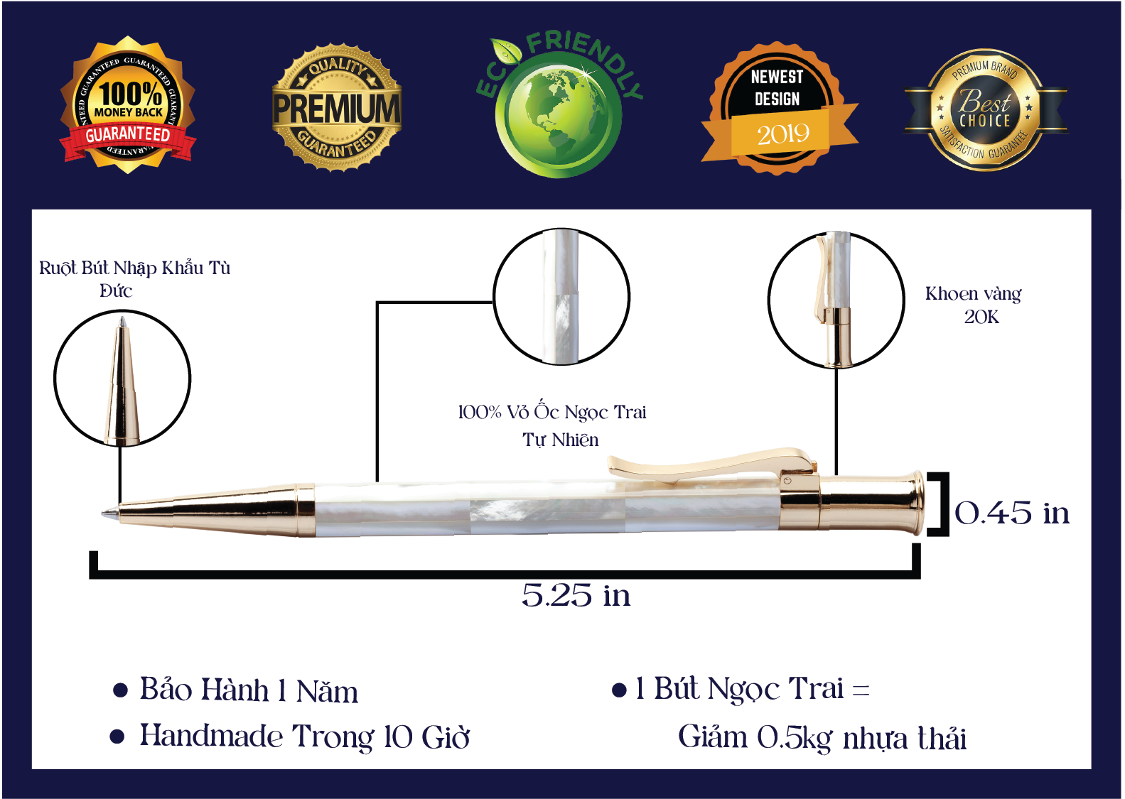 Bút ký cao cấp Ngọc Trai Trắng Vàng Liah - Hàng phân phối chính hãng