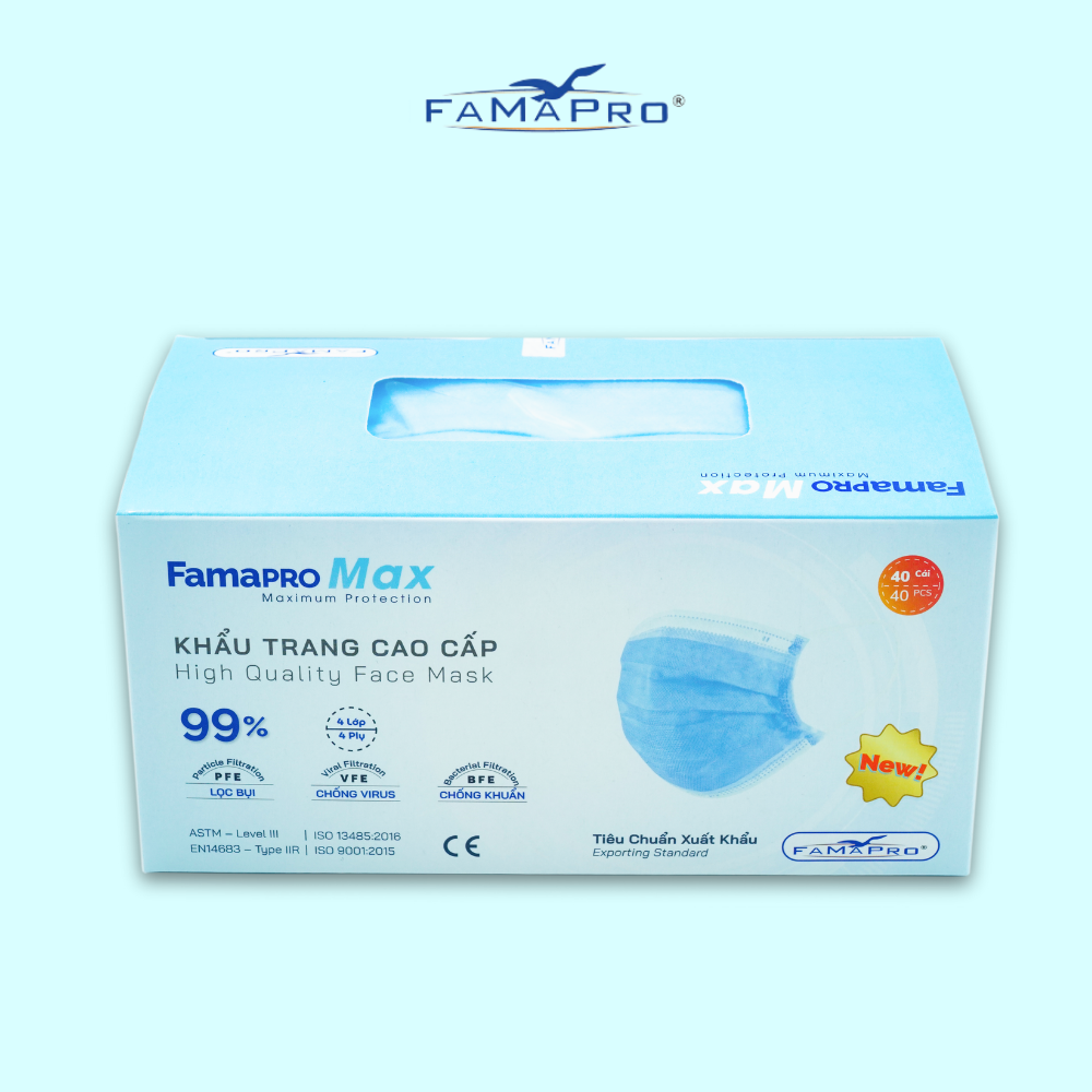 [HỘP - FAMAPRO MAX] - Khẩu trang y tế kháng khuẩn 4 lớp Famapro Max (40 cái/ hộp) - COMBO 5 HỘP