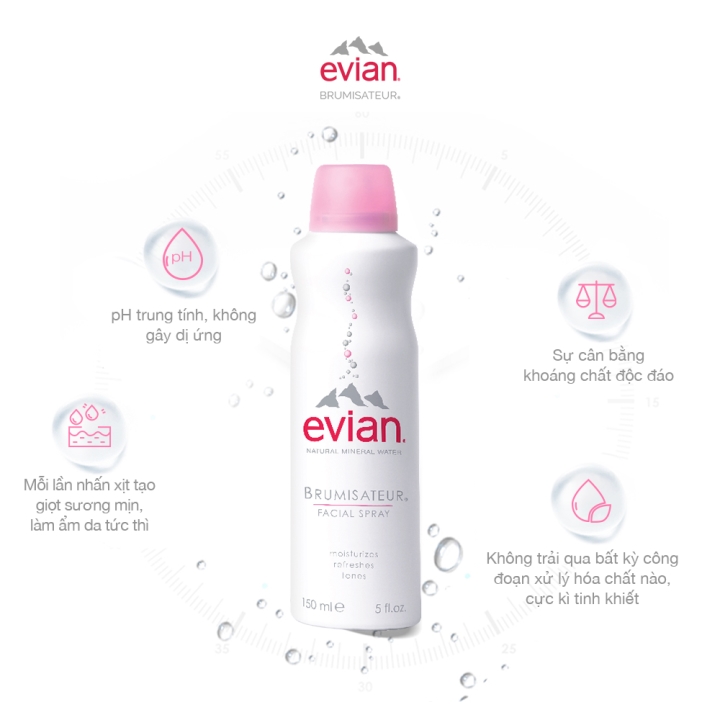 Xịt khoáng cấp ẩm và làm dịu da Evian Brumisateur 150ml