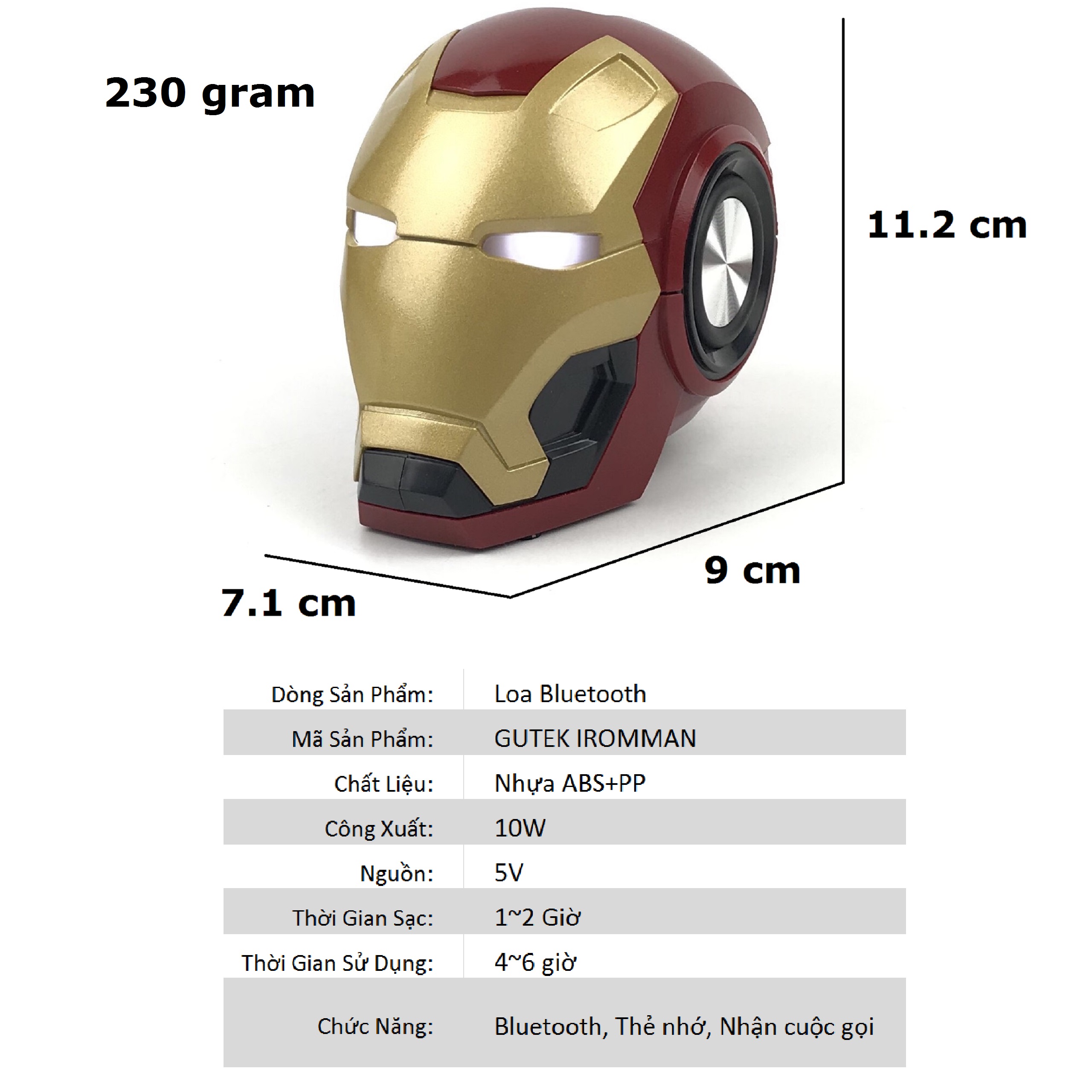 Loa Bluetooth GUTEK IRONMAN ENDGAME Nghe Nhạc Cầm Tay Không Dây Âm Bass Cực Hay, Âm Thanh Chất Lượng Mắt Có Đèn Led Cực Bắt Mắt, Gắn Thẻ Nhớ, Đài FM, Cổng 3.5, Nhiều Màu Sắc - Hàng Chính Hãng