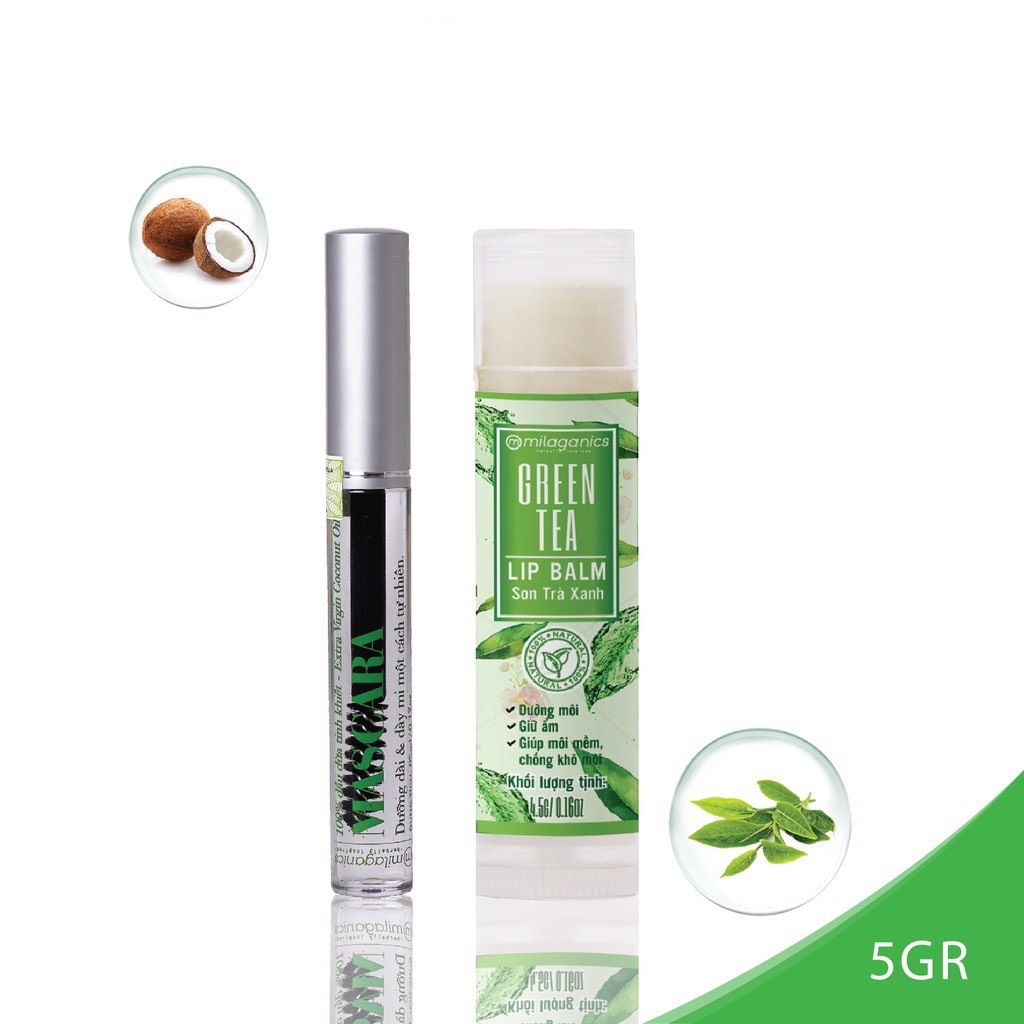 Combo Son Trà Xanh Thiên Nhiên Dưỡng Môi, Giảm Thâm Milaganics (4.5g) + Mascara Dầu Dừa Dưỡng Mi Milaganics