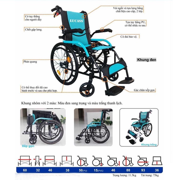 Xe lăn hợp kim nhôm siêu nhẹ cao cấp Lucass X63
