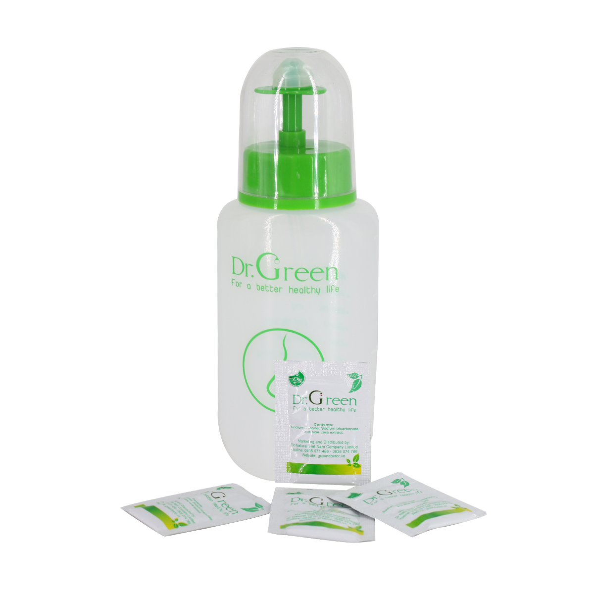 Combo Bình rửa mũi Dr.Green (2 bình kèm 30 gói muối nha đam), Đầu rửa silicone mềm mại, công nghệ van kép 1 chiều chống sặc, hỗ trợ điều trị viêm mũi, sổ mũi, viêm mũi dị ứng, viêm xoang