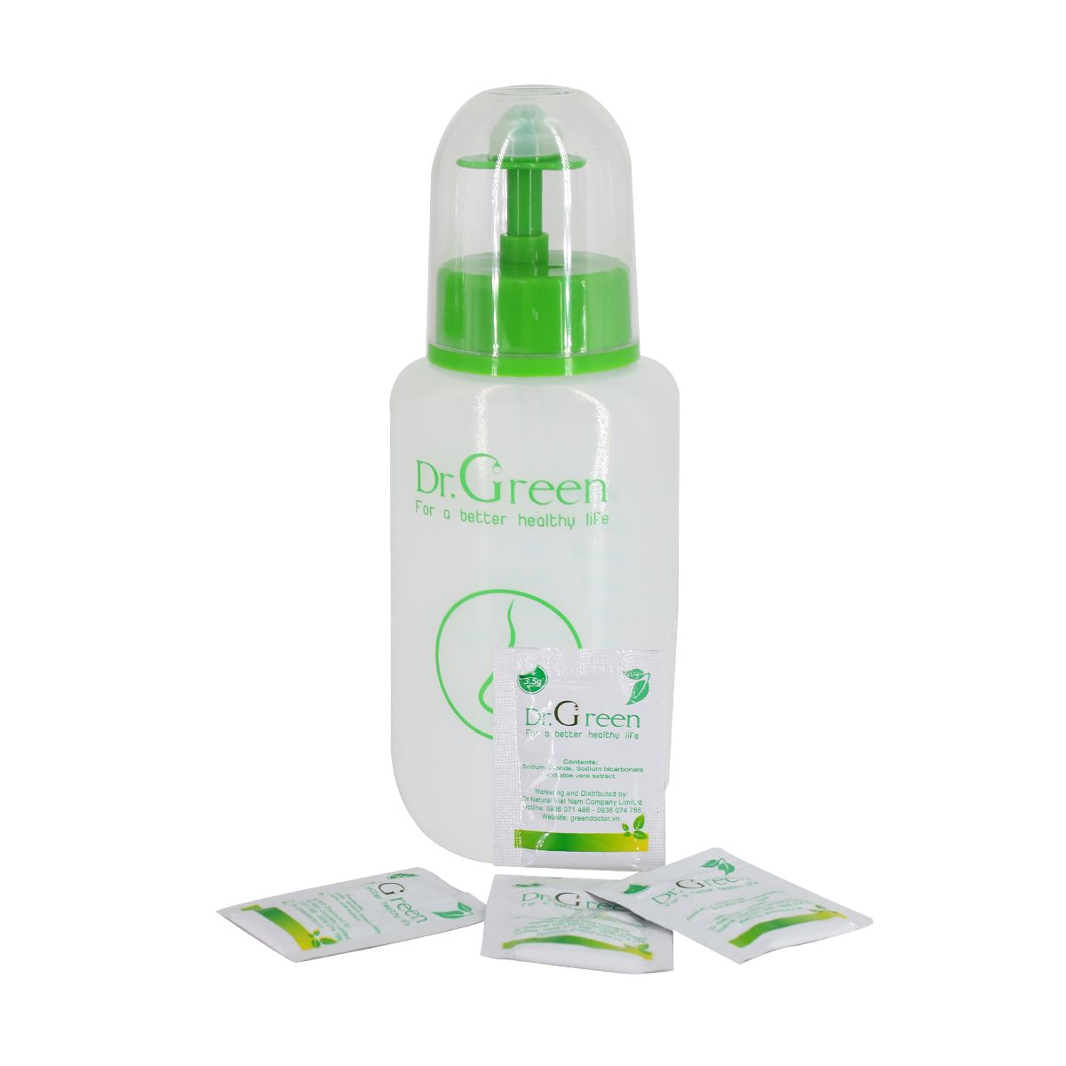 Bộ Rửa Mũi Dr.Green (Combo Tiết Kiệm 1 Bình + 60 Gói Muối biển nha đam), Đầu rửa silicone mềm mại, công nghệ van kép 1 chiều chống sặc, giảm viêm mũi, sổ mũi, viêm mũi dị ứng, viêm xoang