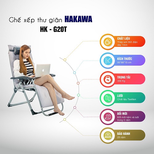 Ghế bố xếp thư giãn cao cấp HAKAWA HKG20T - Hàng chính hãng