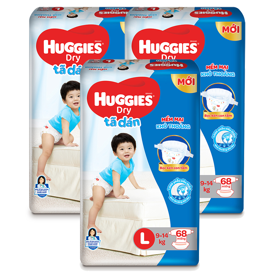 Combo 3 Gói Tã Dán Huggies Dry Gói Cực Đại L68 (68 Miếng) - Bao Bì Mới