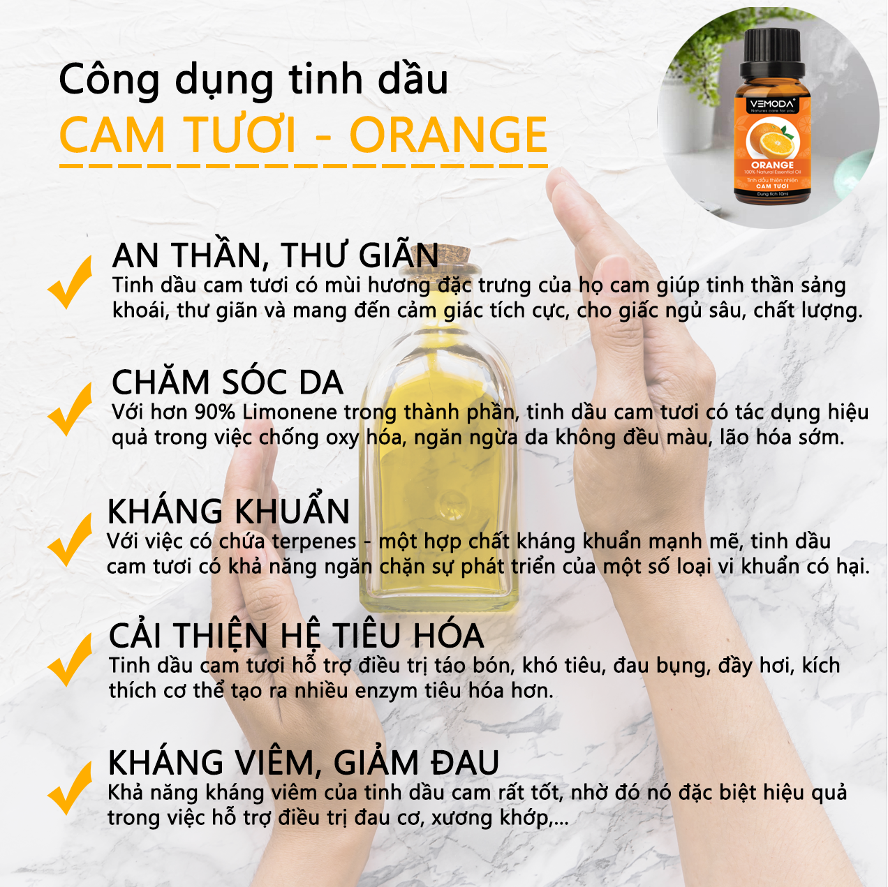 Tinh dầu Xông phòng cao cấp gồm Combo 3 lọ tinh dầu nguyên chất: tinh dầu Cam tươi + tinh dầu Vỏ quế + tinh dầu Bạc hà Vemoda