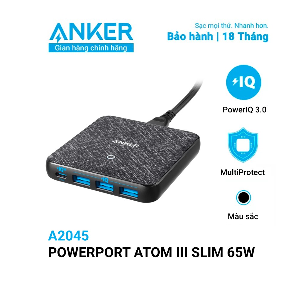 Adapter Sạc 4 Cổng Anker PowerPort Atom III Slim 65W PIQ 3.0 &amp; GaN Tích Hợp USB Type-C Hỗ Trợ Sạc Nhanh - A2045 - Hàng Chính Hãng