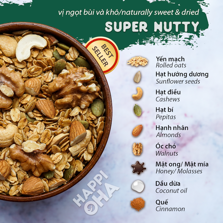 Ngũ Cốc Yến Mạch Nguyên Hạt Siêu Đạm 400G Không Đường Tinh Luyện - SUPER NUTTY GRANOLA HAPPI OHA hương quế - Ăn Kiêng/Ăn Sáng