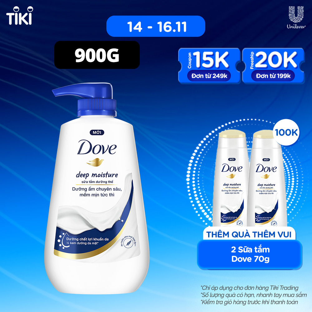 Sữa tắm dưỡng thể Dove Deep Moisture Dưỡng ẩm chuyên sâu với dưỡng chất lợi khuẩn da 900g