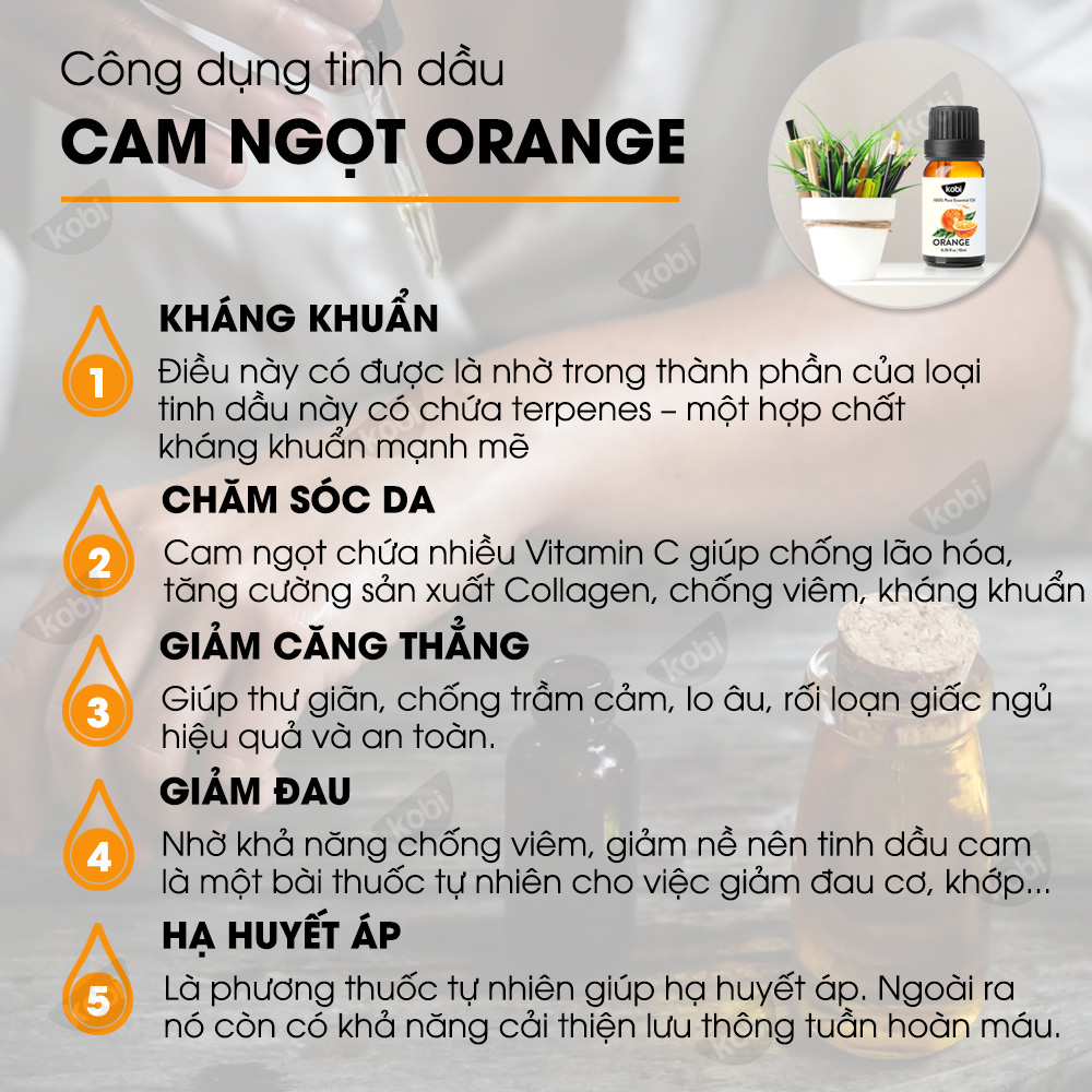 Tinh Dầu Cam Ngọt Kobi - Tinh Dầu Thiên Nhiên Nguyên Chất, Giúp Giảm Stress, Xua Đuổi Côn Trùng Và Khử Mùi Hiệu Quả, Thích Hợp Dùng Với Đèn Xông Và Máy Khuếch Tán  Tinh Dầu