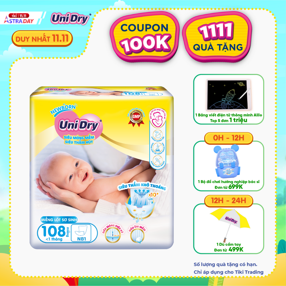 Miếng Lót sơ sinh UniDry Newborn Siêu Mỏng Mềm, Siêu Thấm Hút (NB1) -  108 miếng