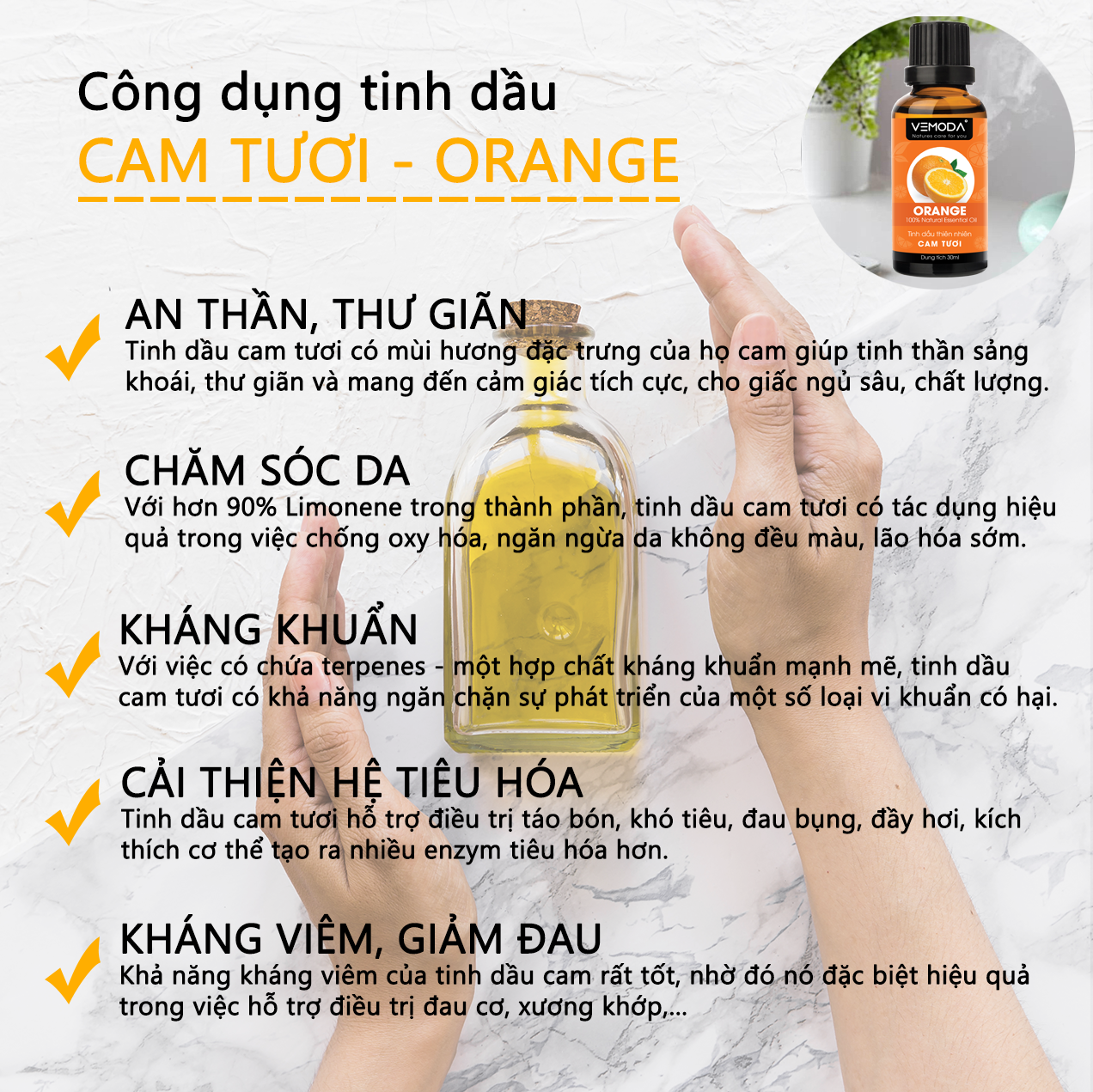 Tinh dầu Cam tươi cao cấp Vemoda 50ml giúp an thần, thư giãn, cải thiện tiêu hóa, kháng khuẩn, kháng viêm, giảm đau