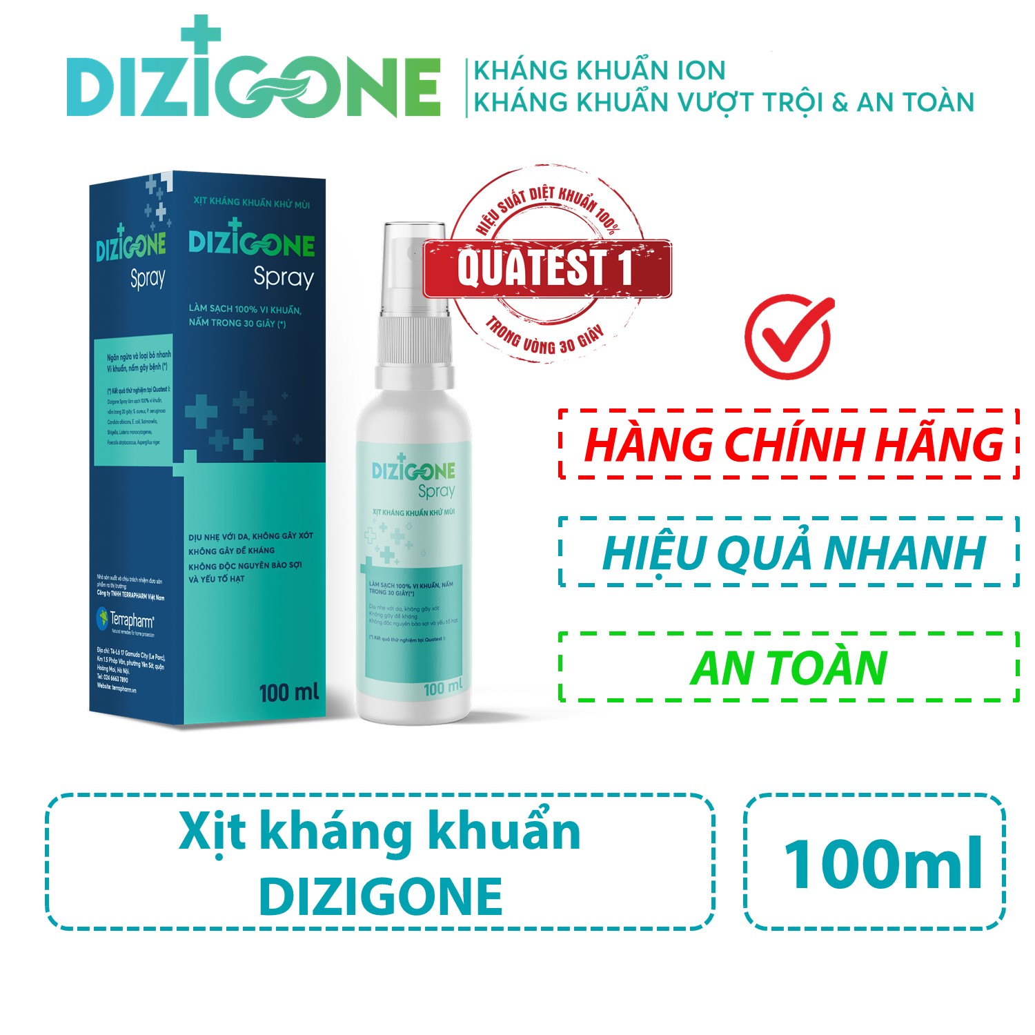 Xịt kháng khuẩn DIZIGONE Spray 100ml - Kháng khuẩn dịu nhẹ, nhanh lành tổn thương, tái tạo da, ngăn ngừa sẹo