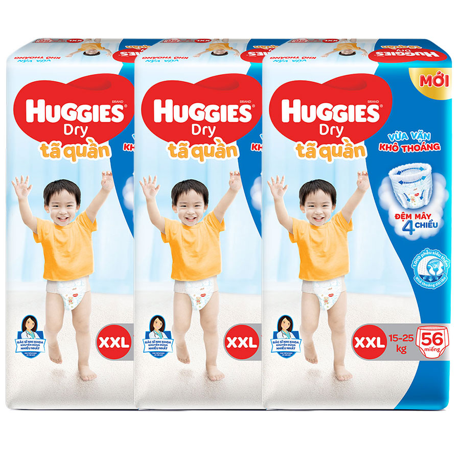 Combo 3 Gói Tã Quần Huggies Dry Gói Cực Đại XXL56 (56 Miếng) - Bao Bì Mới