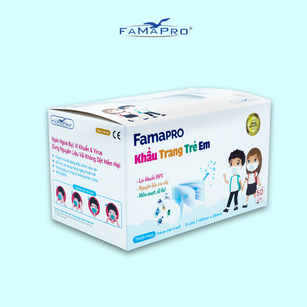 Khẩu trang y tế trẻ em cao cấp 3 lớp kháng khuẩn Famapro Max Kid