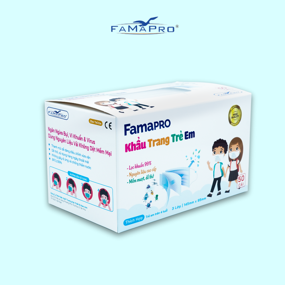 [FAMAPRO - KTYT MAX KID] Khẩu trang y tế trẻ em cao cấp 3 lớp kháng khuẩn Famapro Max Kid (50 cái/hộp)