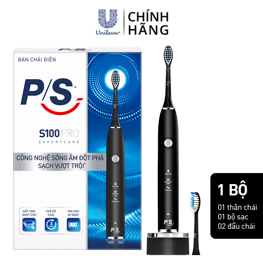 Bàn Chải Điện P/S S100 PRO Trắng Răng Công Nghệ Sóng Âm Đen Nhám Chải Sạch Mảng Bám Tới 10X 1 Bộ