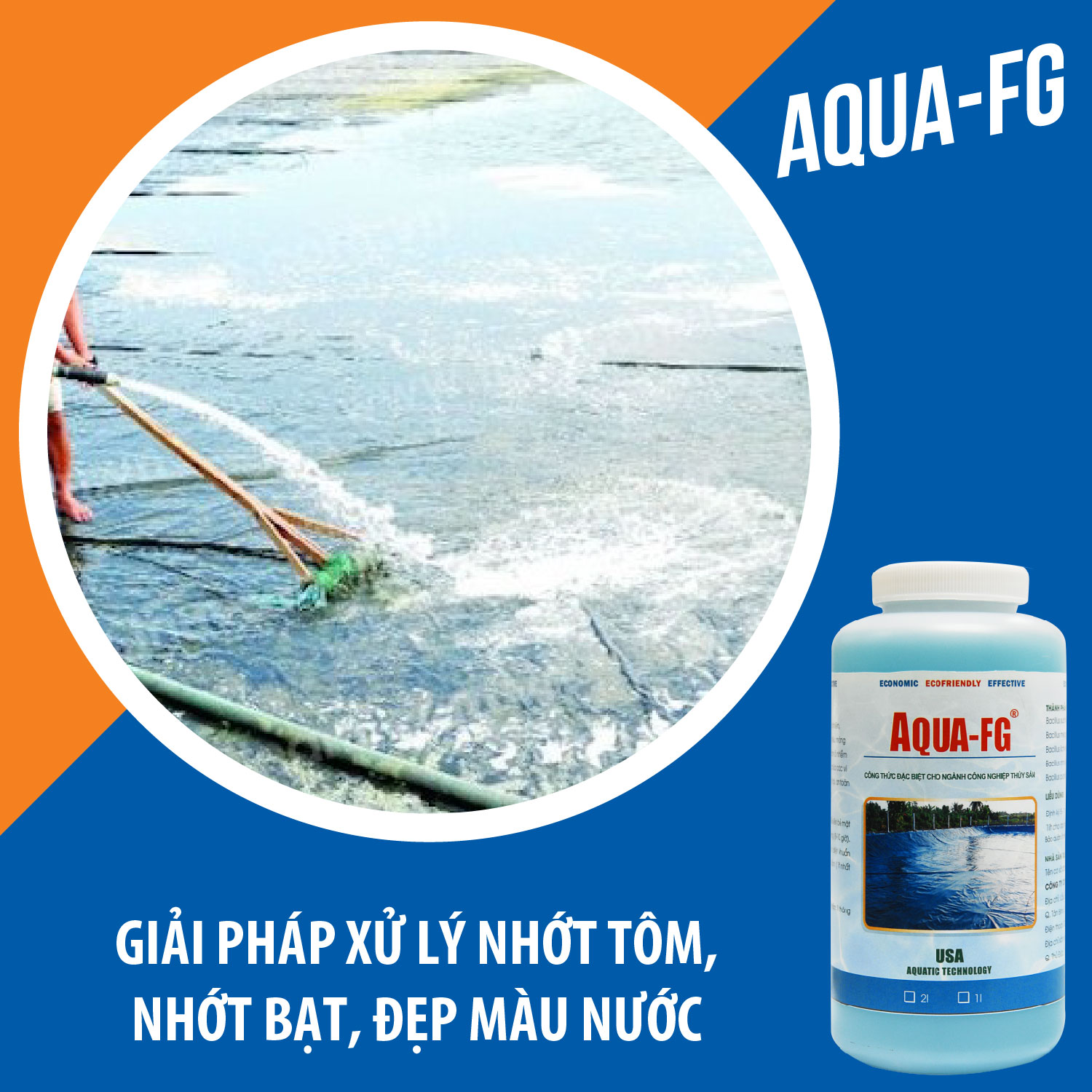 AQUA FG Vi sinh tẩy nhớt bạt, tẩy rong rêu, màng chất béo ao nuôi tôm - Chai 1 lít