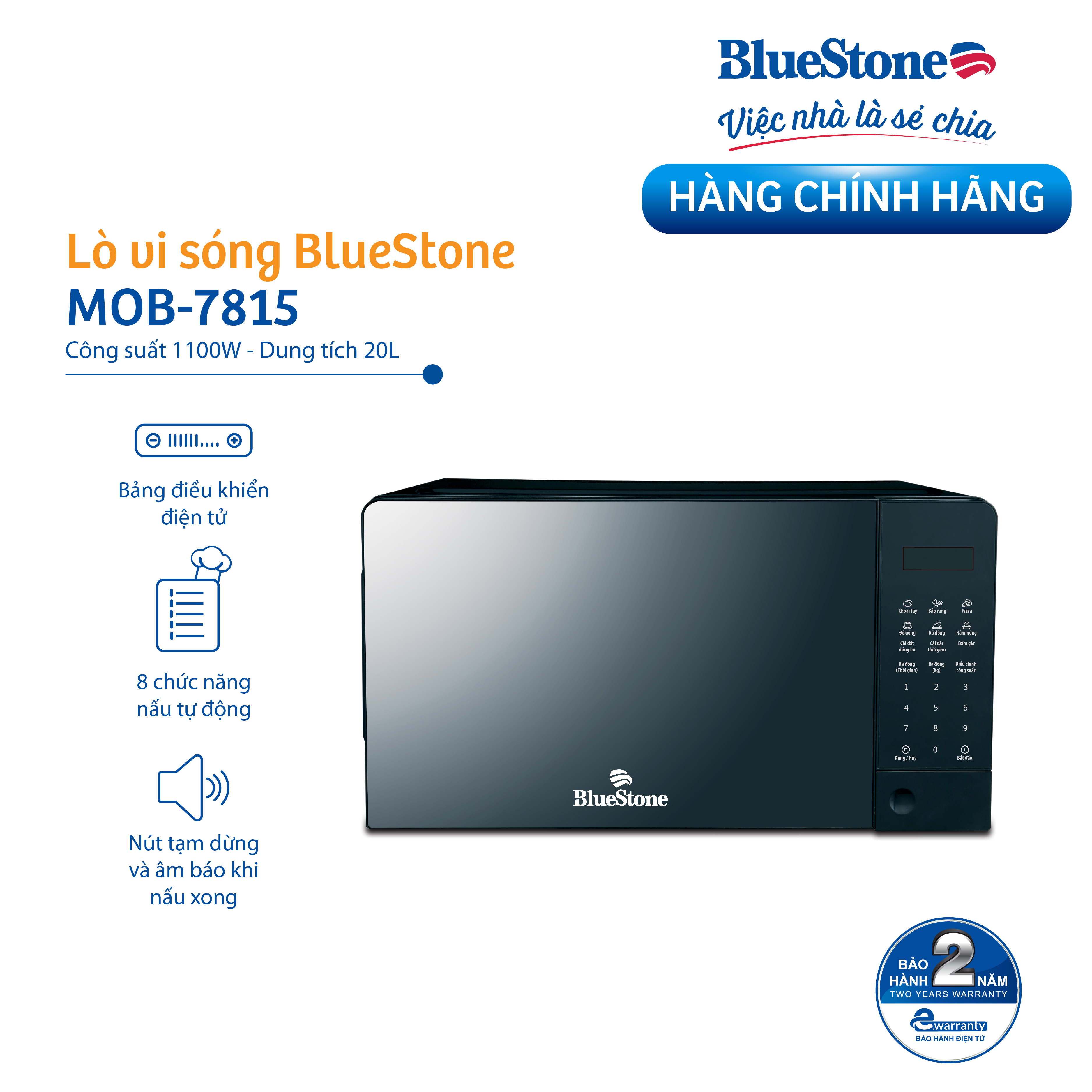 Lò Vi Sóng Điện Tử Bluestone MOB-7815, 20Lit-1100W, 8 chế độ nấu, Hàng chính hãng