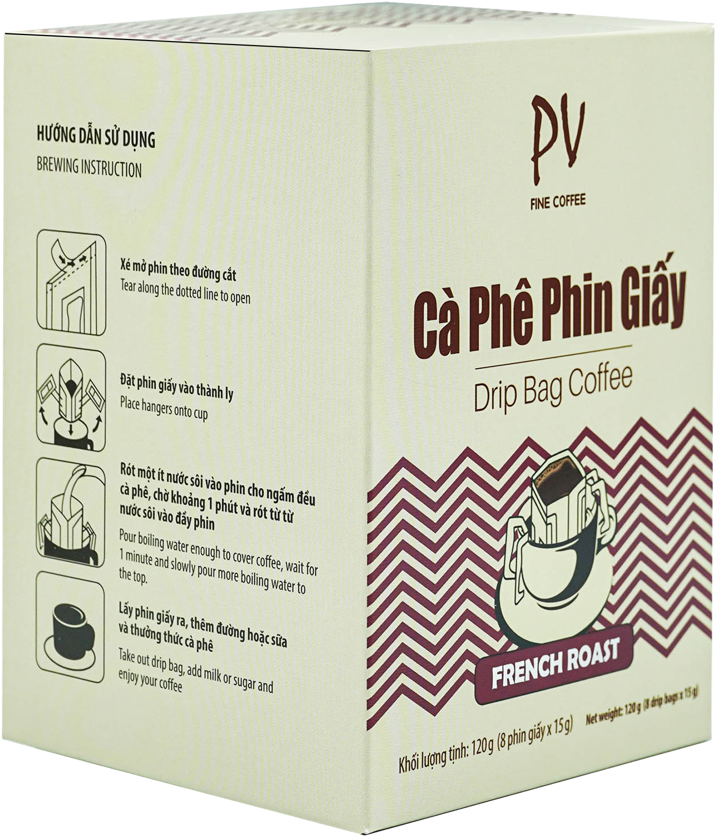 Cà phê phin giấy PV Fine Coffee French Roast 8 phin giấy x 15g - Cà phê tiện lợi - Phương Vy Coffee