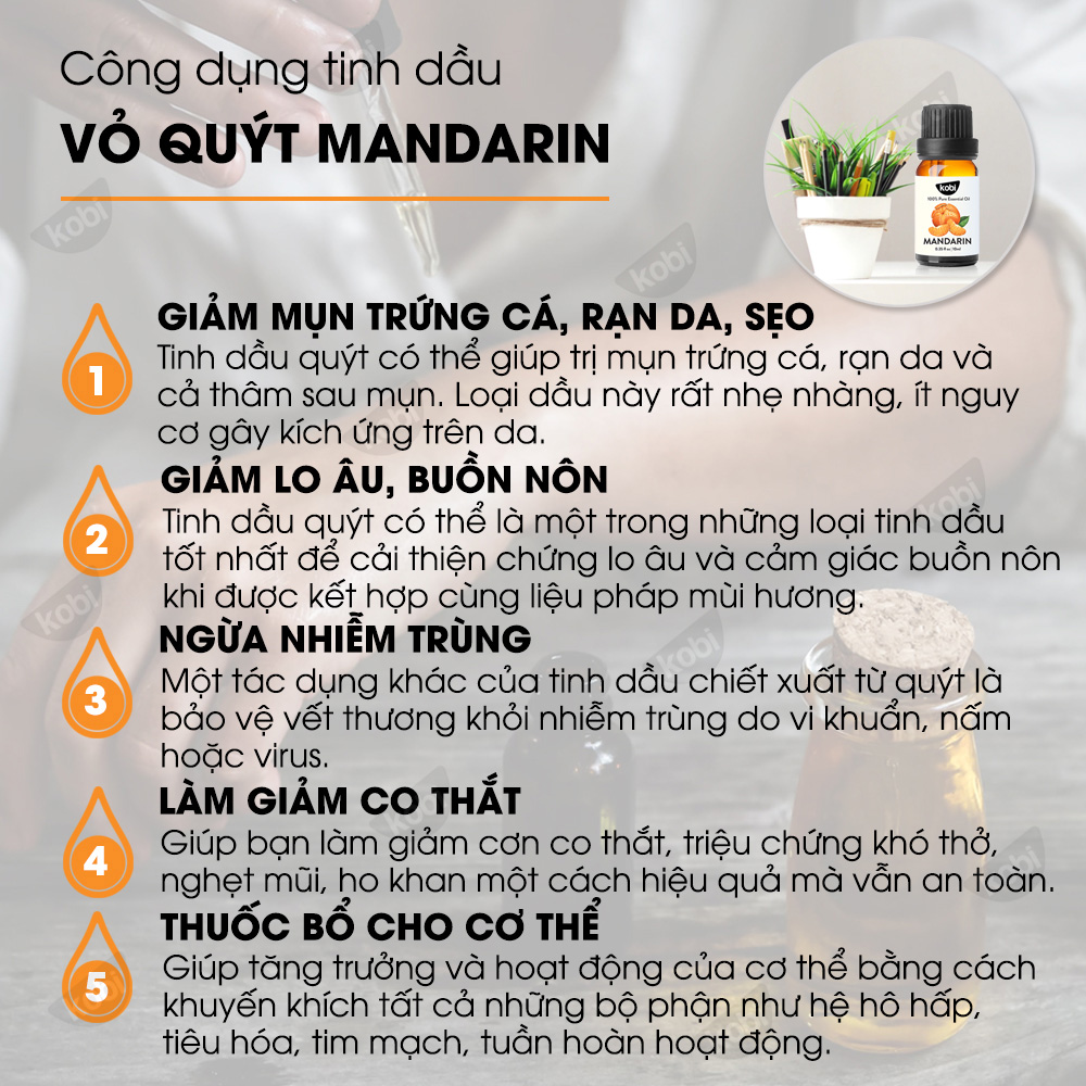 Tinh Dầu Vỏ Quýt Kobi Xông Hương, Giảm Stress, Khử Mùi, Giúp Bạn Thư Giãn Tạo Hứng Khởi